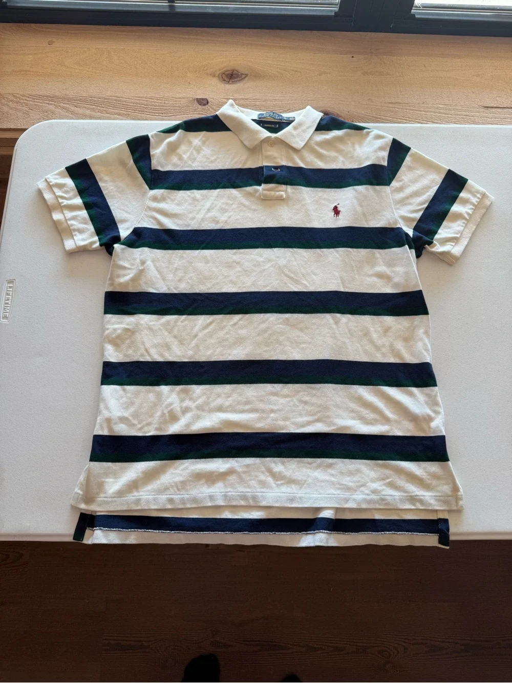 Ralph Lauren White Polo with Navy & Green Stripes Vintage